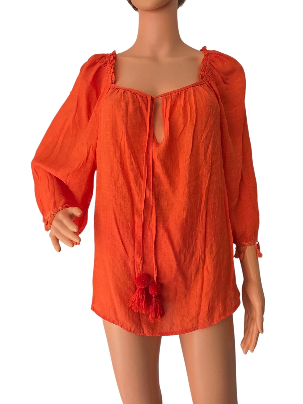 Unique Spectrum Orange Peasant Blouse Tassel Tie 3/4 Sleeve Boho NWT Size XL